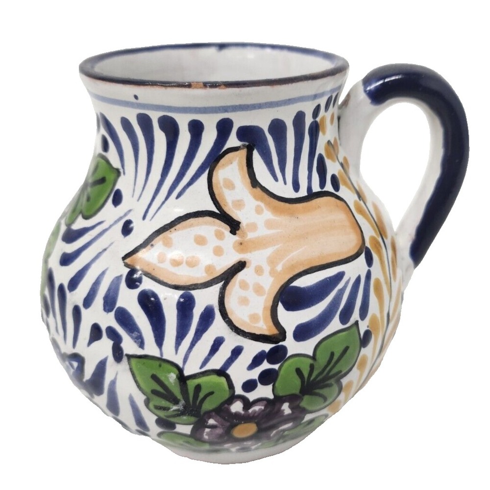 Vintage Talavera Mexican Pottery Ceramic Floral Pitcher Hand Made Folk Art